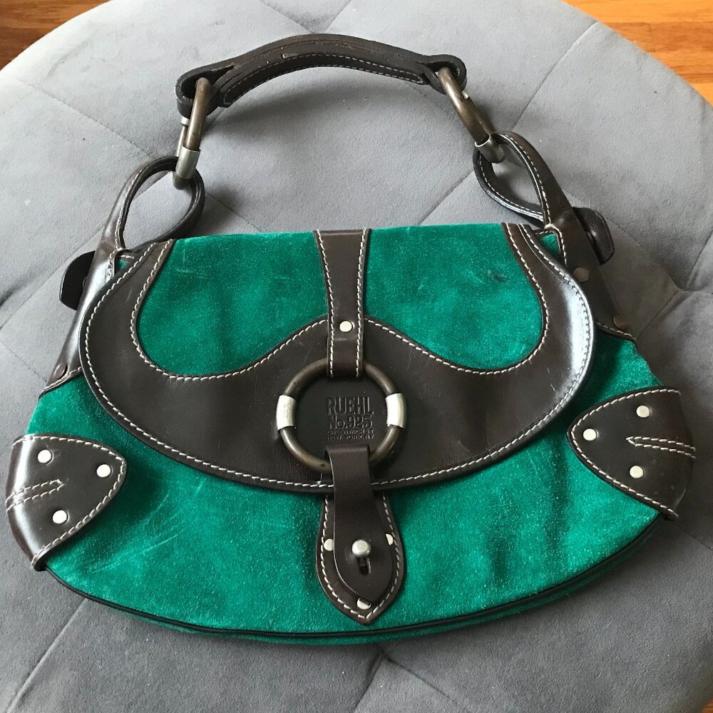 Ruehl No 925 Green Suede & Leather Bag w/ Brass Accents